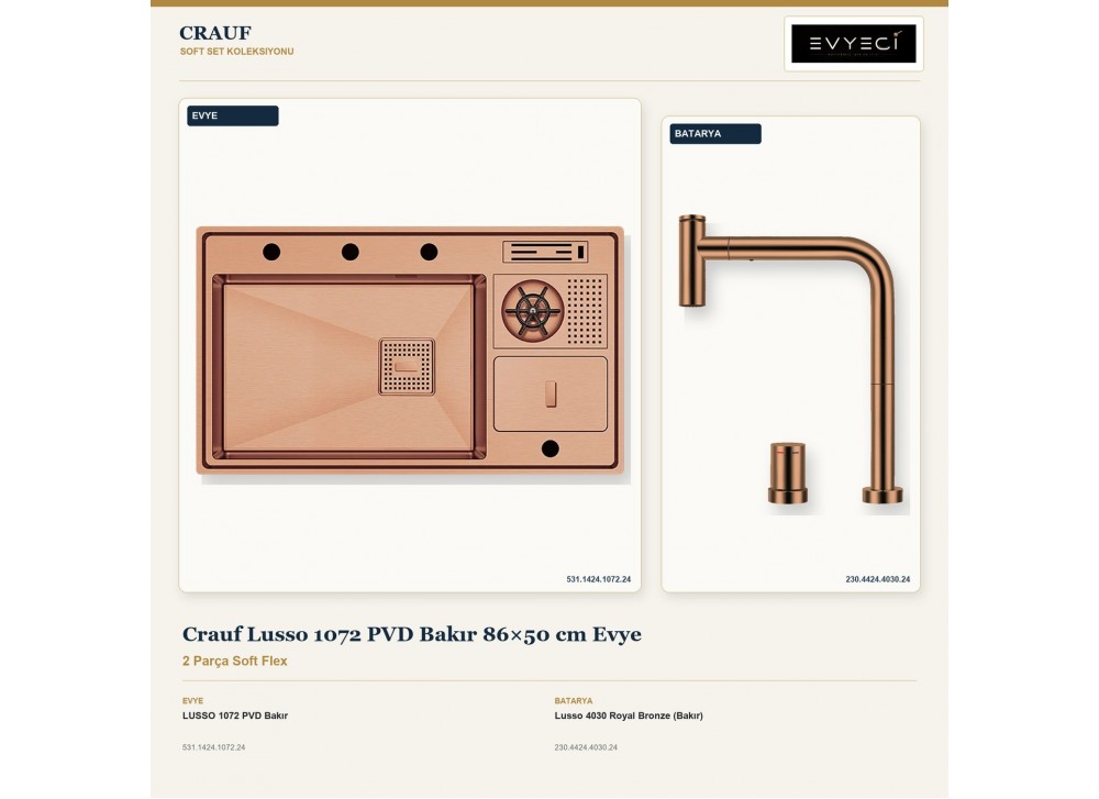 Crauf Lusso 1072 PVD Bakır 86×50 cm Evye + Lusso 4030 Royal Bronze (Bakır) Batarya | 2 Parça Soft Flex Crauf Lusso 1072 PVD Bakır 86×50 cm Evye + Lusso 4030 Royal Bronze (Bakır) Batarya | 2 Parça Soft Flex