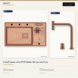 Crauf Lusso 1072 PVD Bakır 86×50 cm Evye + Lusso 4030 Royal Bronze (Bakır) Batarya | 2 Parça Soft Flex