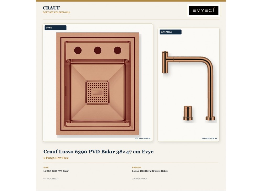 Crauf Lusso 6390 PVD Bakır 38×47 cm Evye + Lusso 4030 Royal Bronze (Bakır) Batarya | 2 Parça Soft Flex Crauf Lusso 6390 PVD Bakır 38×47 cm Evye + Lusso 4030 Royal Bronze (Bakır) Batarya | 2 Parça Soft Flex