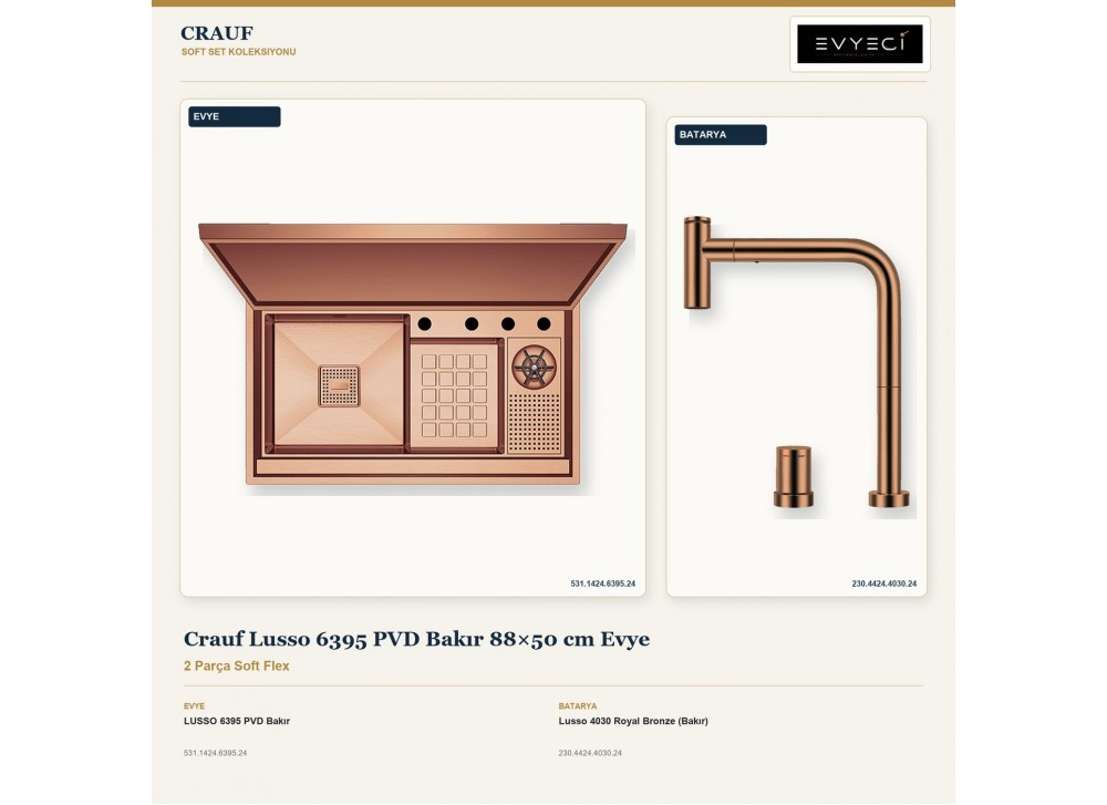 Crauf Lusso 6395 PVD Bakır 88×50 cm Evye + Lusso 4030 Royal Bronze (Bakır) Batarya | 2 Parça Soft Flex Crauf Lusso 6395 PVD Bakır 88×50 cm Evye + Lusso 4030 Royal Bronze (Bakır) Batarya | 2 Parça Soft Flex
