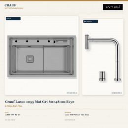 Crauf Lusso 1055 Mat Gri 80×48 cm Evye + Lusso 4030 Platinum Satin (İnox) Batarya | 2 Parça Soft Flex