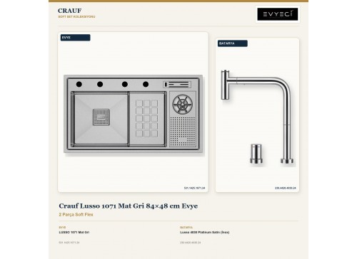 Crauf Lusso 1071 Mat Gri 84×48 cm Evye + Lusso 4030 Platinum Satin (İnox) Batarya | 2 Parça Soft Flex