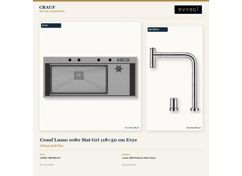 Crauf Lusso 1080 Mat Gri 118×50 cm Evye + Lusso 4030 Platinum Satin (İnox) Batarya | 2 Parça Soft Flex