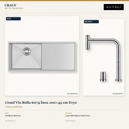 Crauf Via Bella 6074 İnox 100×45 cm Evye + Lusso 4030 Platinum Satin (İnox) Batarya | 2 Parça Soft Flex
