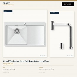 Crauf Via Lattea 6172 Sağ İnox 86×51 cm Evye + Lusso 4030 Platinum Satin (İnox) Batarya | 2 Parça Soft Flex