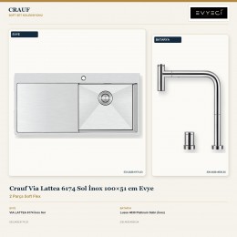 Crauf Via Lattea 6174 Sol İnox 100×51 cm Evye + Lusso 4030 Platinum Satin (İnox) Batarya | 2 Parça Soft Flex