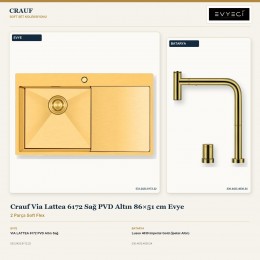 Crauf Via Lattea 6172 Sağ PVD Altın 86×51 cm Evye + Lusso 4030 Imperial Gold (İpeksi Altın) Batarya | 2 Parça Soft Flex