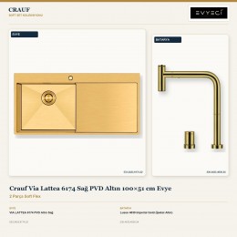 Crauf Via Lattea 6174 Sağ PVD Altın 100×51 cm Evye + Lusso 4030 Imperial Gold (İpeksi Altın) Batarya | 2 Parça Soft Flex