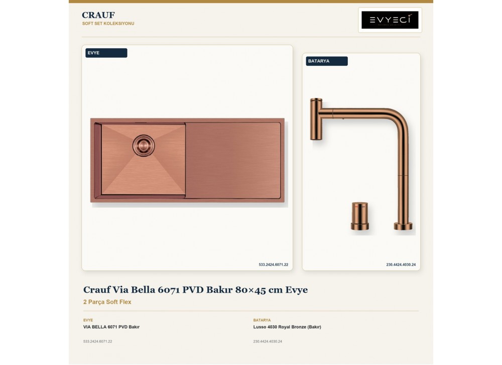 Crauf Via Bella 6071 PVD Bakır 80×45 cm Evye + Lusso 4030 Royal Bronze (Bakır) Batarya | 2 Parça Soft Flex Crauf Via Bella 6071 PVD Bakır 80×45 cm Evye + Lusso 4030 Royal Bronze (Bakır) Batarya | 2 Parça Soft Flex