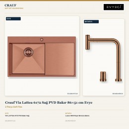 Crauf Via Lattea 6172 Sağ PVD Bakır 86×51 cm Evye + Lusso 4030 Royal Bronze (Bakır) Batarya | 2 Parça Soft Flex