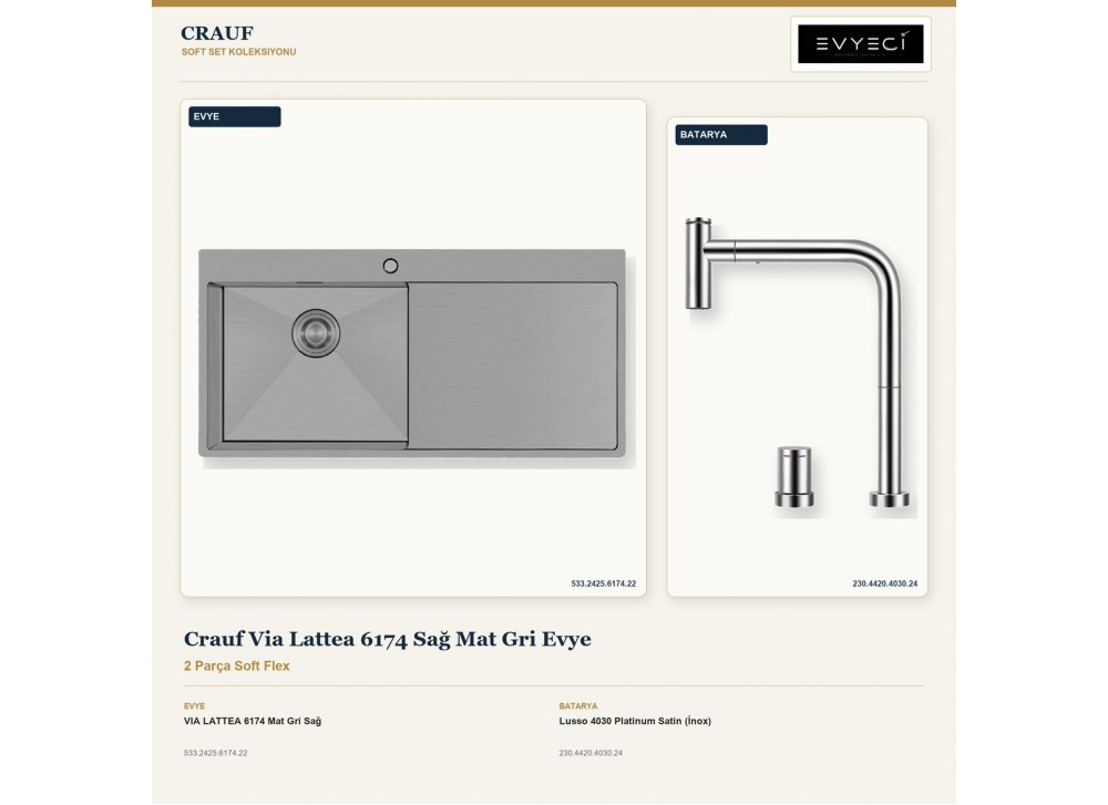 Crauf Via Lattea 6174 Sağ Mat Gri Evye + Lusso 4030 Platinum Satin (İnox) Batarya | 2 Parça Soft Flex Crauf Via Lattea 6174 Sağ Mat Gri Evye + Lusso 4030 Platinum Satin (İnox) Batarya | 2 Parça Soft Flex