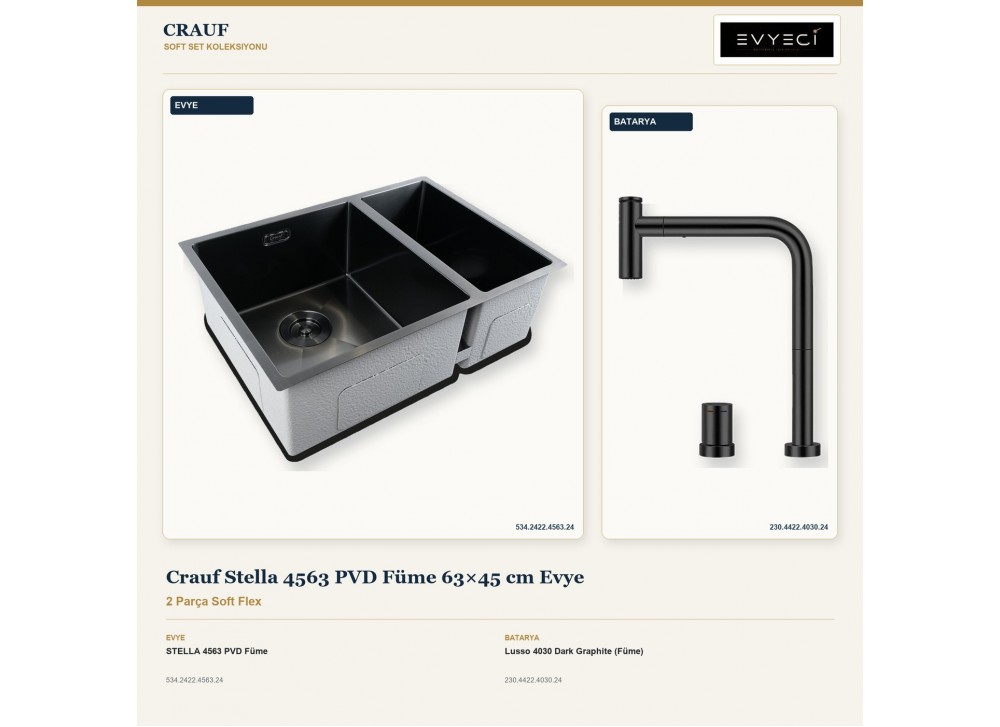 Crauf Stella 4563 PVD Füme 63×45 cm Evye + Lusso 4030 Dark Graphite (Füme) Batarya | 2 Parça Soft Flex Crauf Stella 4563 PVD Füme 63×45 cm Evye + Lusso 4030 Dark Graphite (Füme) Batarya | 2 Parça Soft Flex