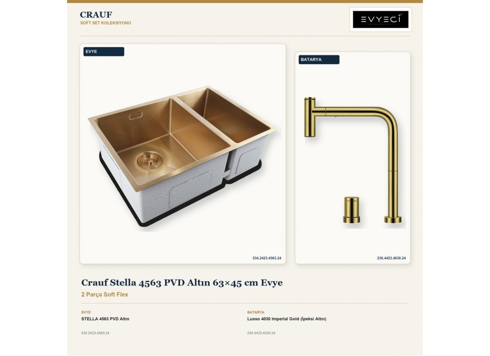 Crauf Stella 4563 PVD Altın 63×45 cm Evye + Lusso 4030 Imperial Gold (İpeksi Altın) Batarya | 2 Parça Soft Flex Crauf Stella 4563 PVD Altın 63×45 cm Evye + Lusso 4030 Imperial Gold (İpeksi Altın) Batarya | 2 Parça Soft Flex