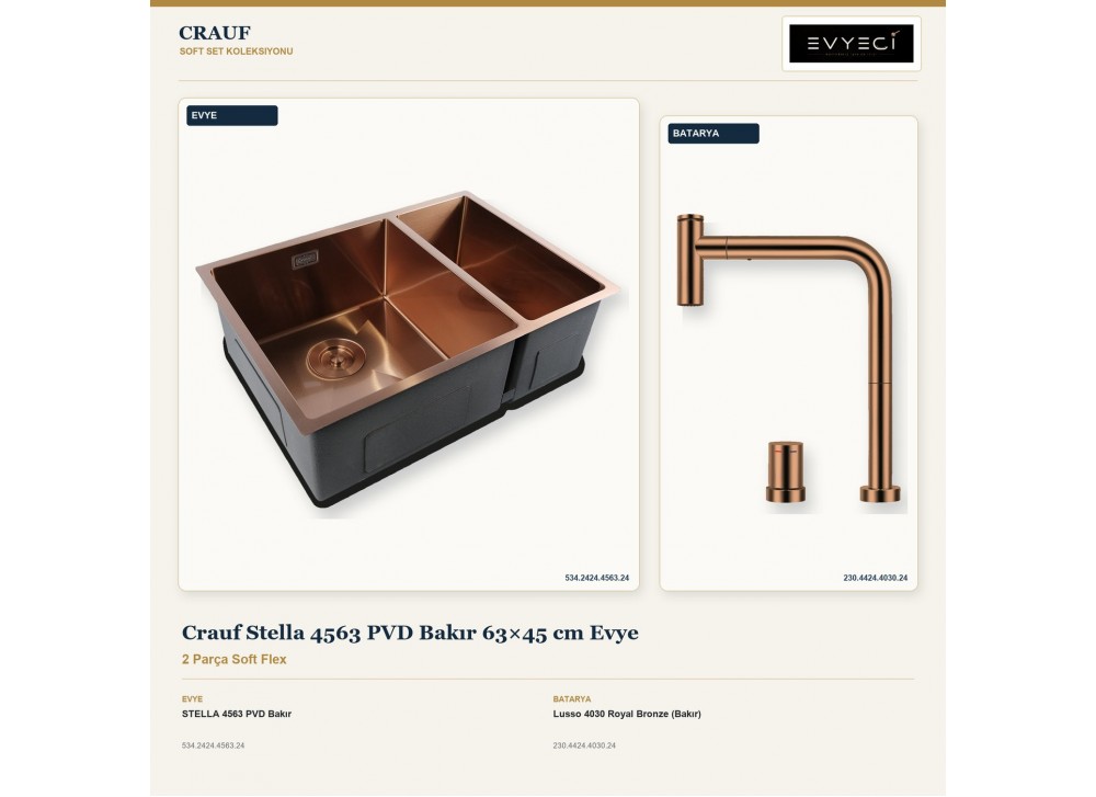 Crauf Stella 4563 PVD Bakır 63×45 cm Evye + Lusso 4030 Royal Bronze (Bakır) Batarya | 2 Parça Soft Flex Crauf Stella 4563 PVD Bakır 63×45 cm Evye + Lusso 4030 Royal Bronze (Bakır) Batarya | 2 Parça Soft Flex