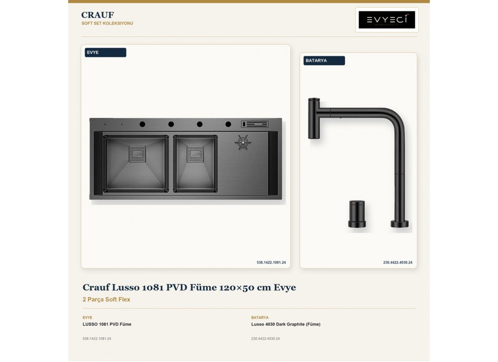 Crauf Lusso 1081 PVD Füme 120×50 cm Evye + Lusso 4030 Dark Graphite (Füme) Batarya | 2 Parça Soft Flex Crauf Lusso 1081 PVD Füme 120×50 cm Evye + Lusso 4030 Dark Graphite (Füme) Batarya | 2 Parça Soft Flex
