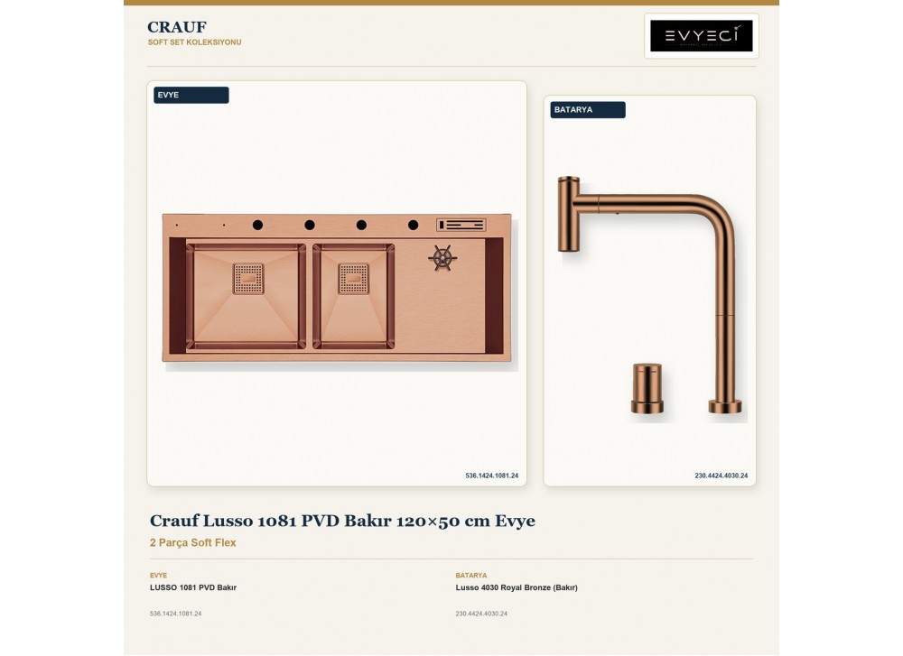 Crauf Lusso 1081 PVD Bakır 120×50 cm Evye + Lusso 4030 Royal Bronze (Bakır) Batarya | 2 Parça Soft Flex Crauf Lusso 1081 PVD Bakır 120×50 cm Evye + Lusso 4030 Royal Bronze (Bakır) Batarya | 2 Parça Soft Flex