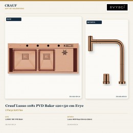 Crauf Lusso 1081 PVD Bakır 120×50 cm Evye + Lusso 4030 Royal Bronze (Bakır) Batarya | 2 Parça Soft Flex