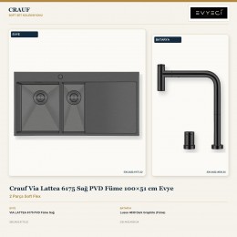 Crauf Via Lattea 6175 Sağ PVD Füme 100×51 cm Evye + Lusso 4030 Dark Graphite (Füme) Batarya | 2 Parça Soft Flex