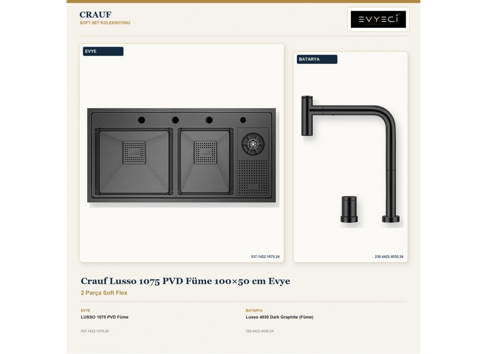 Crauf Lusso 1075 PVD Füme 100×50 cm Evye + Lusso 4030 Dark Graphite (Füme) Batarya | 2 Parça Soft Flex Crauf Lusso 1075 PVD Füme 100×50 cm Evye + Lusso 4030 Dark Graphite (Füme) Batarya | 2 Parça Soft Flex