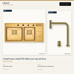 Crauf Lusso 1065 PVD Altın 100×49 cm Evye + Lusso 4030 Imperial Gold (İpeksi Altın) Batarya | 2 Parça Soft Flex