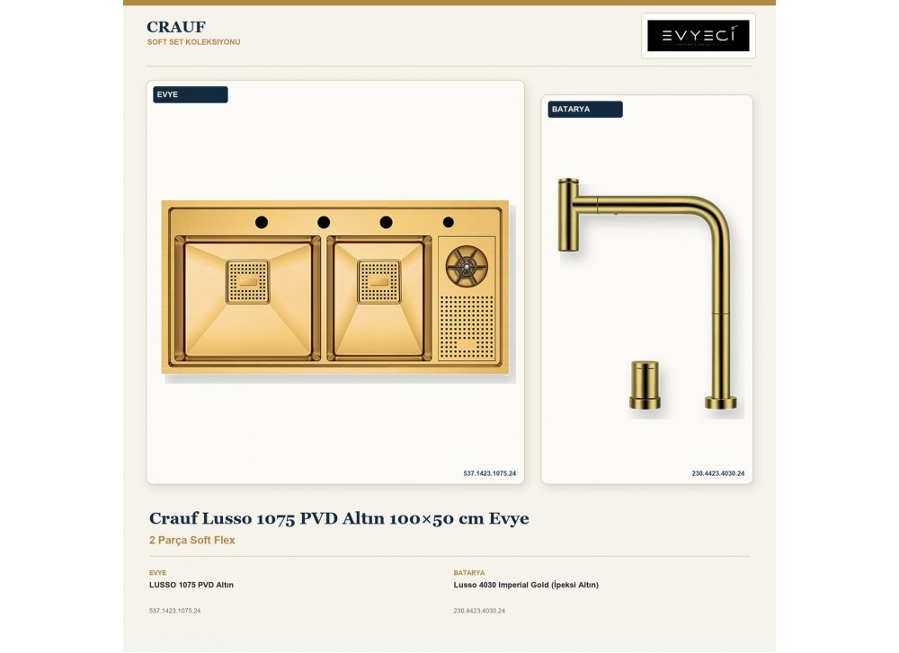Crauf Lusso 1075 PVD Altın 100×50 cm Evye + Lusso 4030 Imperial Gold (İpeksi Altın) Batarya | 2 Parça Soft Flex Crauf Lusso 1075 PVD Altın 100×50 cm Evye + Lusso 4030 Imperial Gold (İpeksi Altın) Batarya | 2 Parça Soft Flex