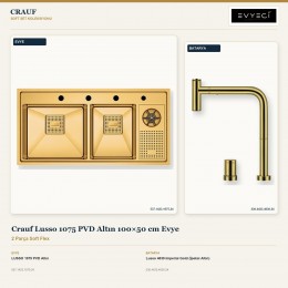 Crauf Lusso 1075 PVD Altın 100×50 cm Evye + Lusso 4030 Imperial Gold (İpeksi Altın) Batarya | 2 Parça Soft Flex