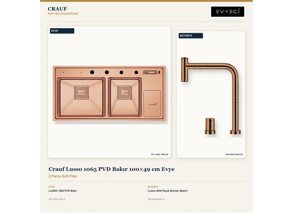 Crauf Lusso 1065 PVD Bakır 100×49 cm Evye + Lusso 4030 Royal Bronze (Bakır) Batarya | 2 Parça Soft Flex Crauf Lusso 1065 PVD Bakır 100×49 cm Evye + Lusso 4030 Royal Bronze (Bakır) Batarya | 2 Parça Soft Flex
