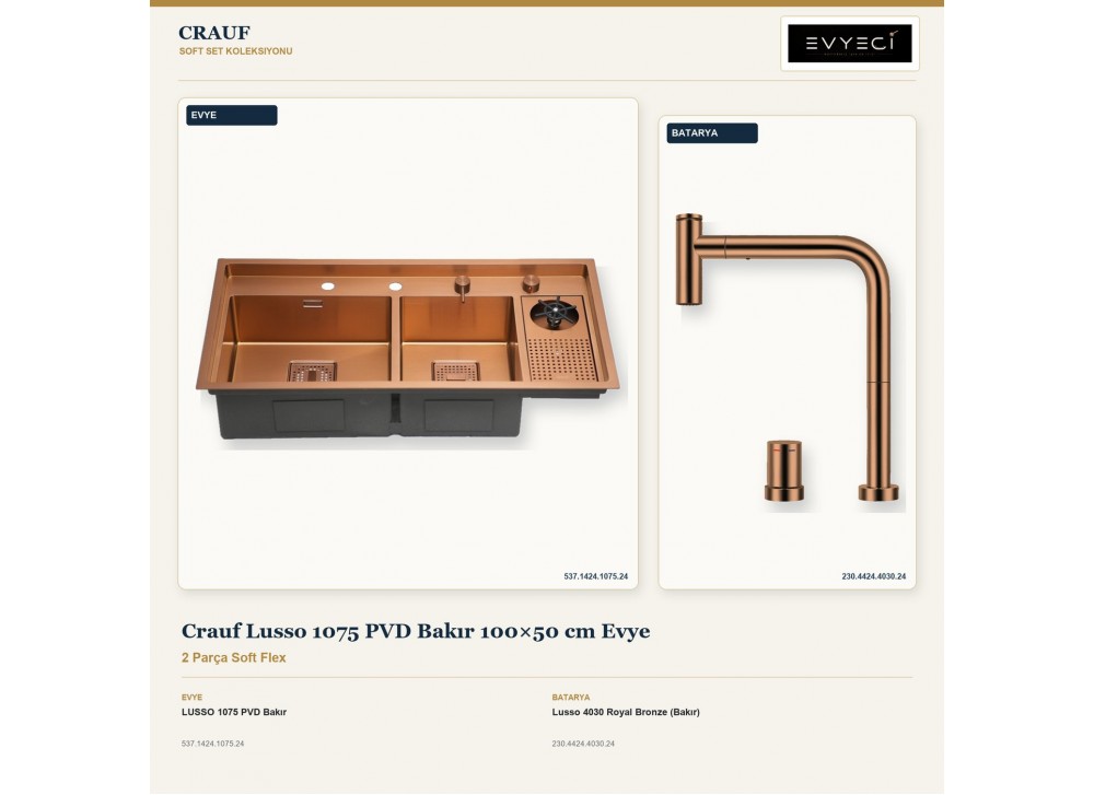 Crauf Lusso 1075 PVD Bakır 100×50 cm Evye + Lusso 4030 Royal Bronze (Bakır) Batarya | 2 Parça Soft Flex Crauf Lusso 1075 PVD Bakır 100×50 cm Evye + Lusso 4030 Royal Bronze (Bakır) Batarya | 2 Parça Soft Flex