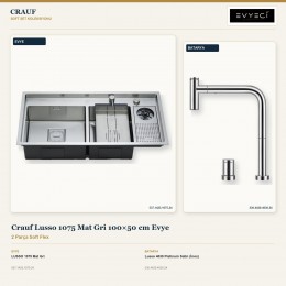 Crauf Lusso 1075 Mat Gri 100×50 cm Evye + Lusso 4030 Platinum Satin (İnox) Batarya | 2 Parça Soft Flex
