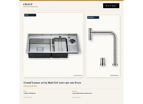 Crauf Lusso 1075 Mat Gri 100×50 cm Evye + Lusso 4030 Platinum Satin (İnox) Batarya | 2 Parça Soft Flex