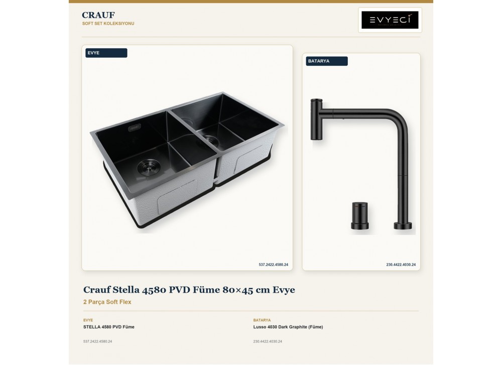 Crauf Stella 4580 PVD Füme 80×45 cm Evye + Lusso 4030 Dark Graphite (Füme) Batarya | 2 Parça Soft Flex Crauf Stella 4580 PVD Füme 80×45 cm Evye + Lusso 4030 Dark Graphite (Füme) Batarya | 2 Parça Soft Flex