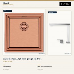 Crauf Vertice 4848 İnox 48×48 cm Evye + Vertice 4050 Platinum Satin (İnox) Batarya | 2 Parça Soft Lift