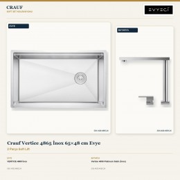 Crauf Vertice 4865 İnox 65×48 cm Evye + Vertice 4050 Platinum Satin (İnox) Batarya | 2 Parça Soft Lift