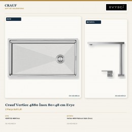 Crauf Vertice 4880 İnox 80×48 cm Evye + Vertice 4050 Platinum Satin (İnox) Batarya | 2 Parça Soft Lift