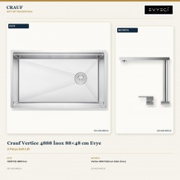 Crauf Vertice 4888 İnox 88×48 cm Evye + Vertice 4050 Platinum Satin (İnox) Batarya | 2 Parça Soft Lift