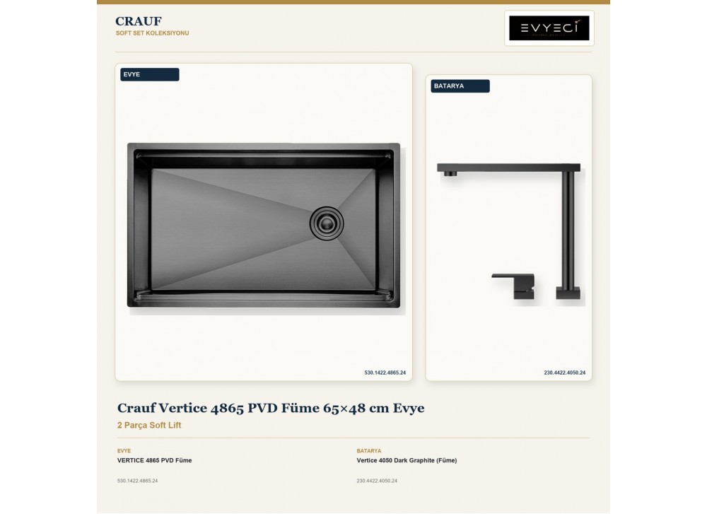 Crauf Vertice 4865 PVD Füme 65×48 cm Evye + Vertice 4050 Dark Graphite (Füme) Batarya | 2 Parça Soft Lift Crauf Vertice 4865 PVD Füme 65×48 cm Evye + Vertice 4050 Dark Graphite (Füme) Batarya | 2 Parça Soft Lift