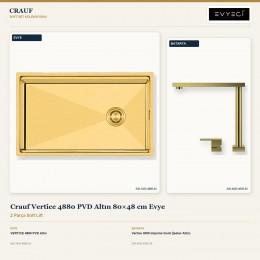 Crauf Vertice 4880 PVD Altın 80×48 cm Evye + Vertice 4050 Imperial Gold (İpeksi Altın) Batarya | 2 Parça Soft Lift
