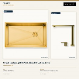 Crauf Vertice 4888 PVD Altın 88×48 cm Evye + Vertice 4050 Imperial Gold (İpeksi Altın) Batarya | 2 Parça Soft Lift