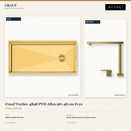 Crauf Vertice 4898 PVD Altın 98×48 cm Evye + Vertice 4050 Imperial Gold (İpeksi Altın) Batarya | 2 Parça Soft Lift