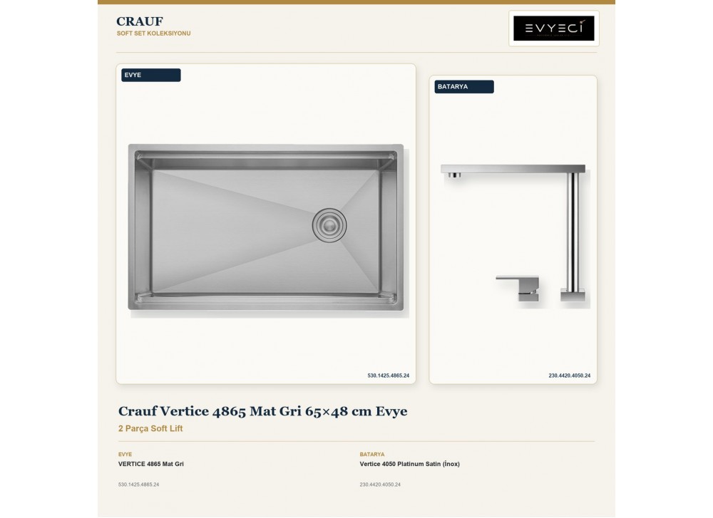 Crauf Vertice 4865 Mat Gri 65×48 cm Evye + Vertice 4050 Platinum Satin (İnox) Batarya | 2 Parça Soft Lift Crauf Vertice 4865 Mat Gri 65×48 cm Evye + Vertice 4050 Platinum Satin (İnox) Batarya | 2 Parça Soft Lift