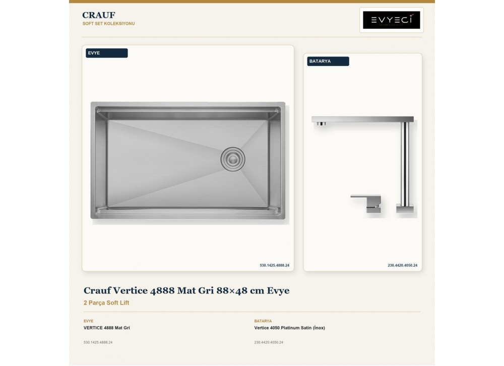 Crauf Vertice 4888 Mat Gri 88×48 cm Evye + Vertice 4050 Platinum Satin (İnox) Batarya | 2 Parça Soft Lift Crauf Vertice 4888 Mat Gri 88×48 cm Evye + Vertice 4050 Platinum Satin (İnox) Batarya | 2 Parça Soft Lift