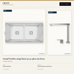 Crauf Vertice 2055 İnox 91,4×48,2 cm Evye + Vertice 4050 Platinum Satin (İnox) Batarya | 2 Parça Soft Lift