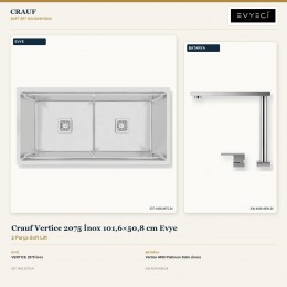 Crauf Vertice 2075 İnox 101,6×50,8 cm Evye + Vertice 4050 Platinum Satin (İnox) Batarya | 2 Parça Soft Lift