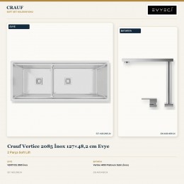 Crauf Vertice 2085 İnox 127×48,2 cm Evye + Vertice 4050 Platinum Satin (İnox) Batarya | 2 Parça Soft Lift