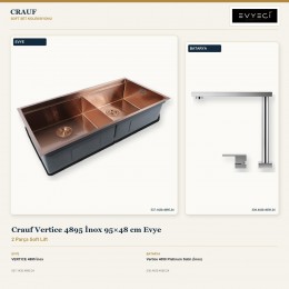 Crauf Vertice 4895 İnox 95×48 cm Evye + Vertice 4050 Platinum Satin (İnox) Batarya | 2 Parça Soft Lift