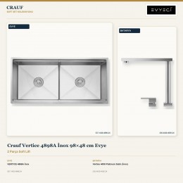 Crauf Vertice 4898A İnox 98×48 cm Evye + Vertice 4050 Platinum Satin (İnox) Batarya | 2 Parça Soft Lift
