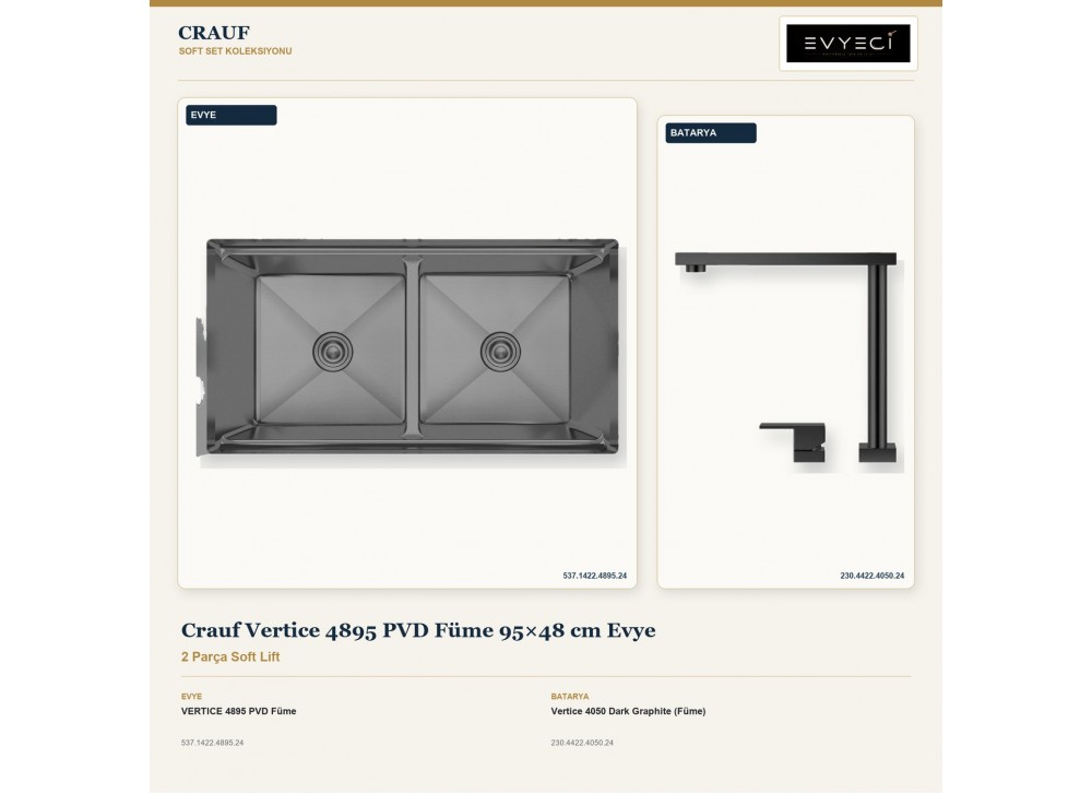 Crauf Vertice 4895 PVD Füme 95×48 cm Evye + Vertice 4050 Dark Graphite (Füme) Batarya | 2 Parça Soft Lift