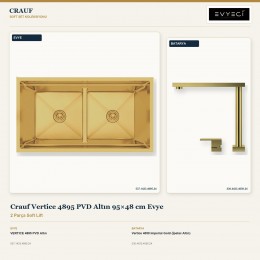 Crauf Vertice 4895 PVD Altın 95×48 cm Evye + Vertice 4050 Imperial Gold (İpeksi Altın) Batarya | 2 Parça Soft Lift