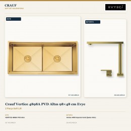 Crauf Vertice 4898A PVD Altın 98×48 cm Evye + Vertice 4050 Imperial Gold (İpeksi Altın) Batarya | 2 Parça Soft Lift