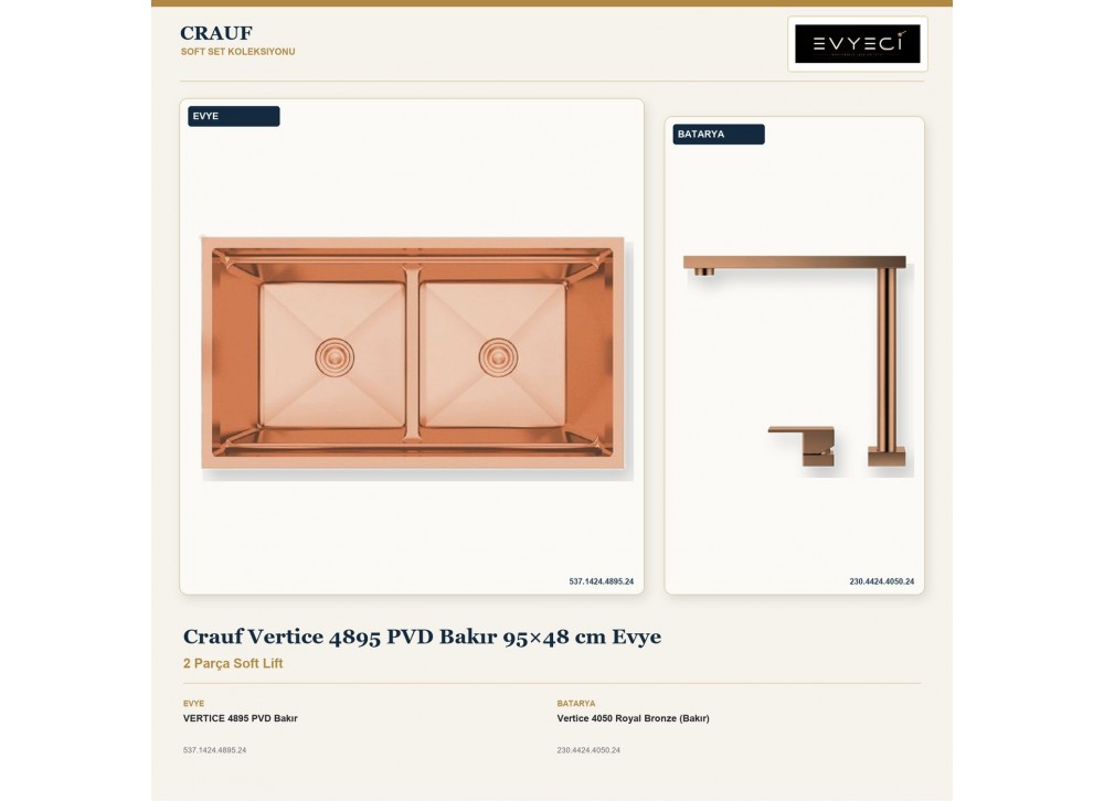Crauf Vertice 4895 PVD Bakır 95×48 cm Evye + Vertice 4050 Royal Bronze (Bakır) Batarya | 2 Parça Soft Lift